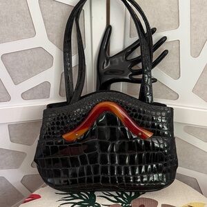 vintage Black Crocodile Pattern Handbag
